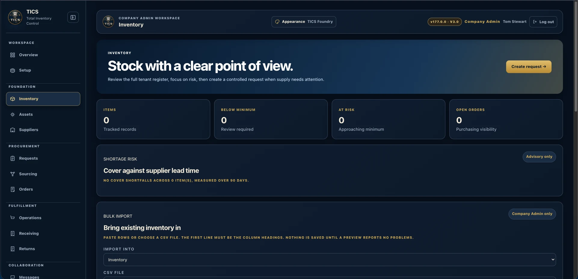 TICS V177 inventory workspace